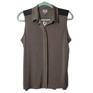 Worthington Gray Faux Leather Shoulders Sleeveless Pullover Blouse Size Medium